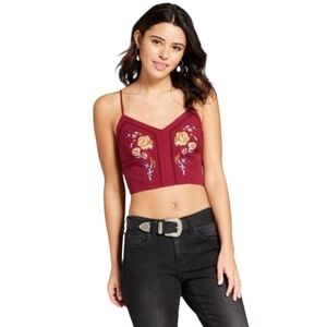 Xhilaration Top Crop Tank Smocked Straps Embroidered Floral Euro Summer
